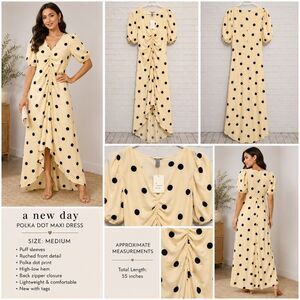 A New Day Polka Dot Maxi Dress Women’s Medium Ruched High Low Dress
